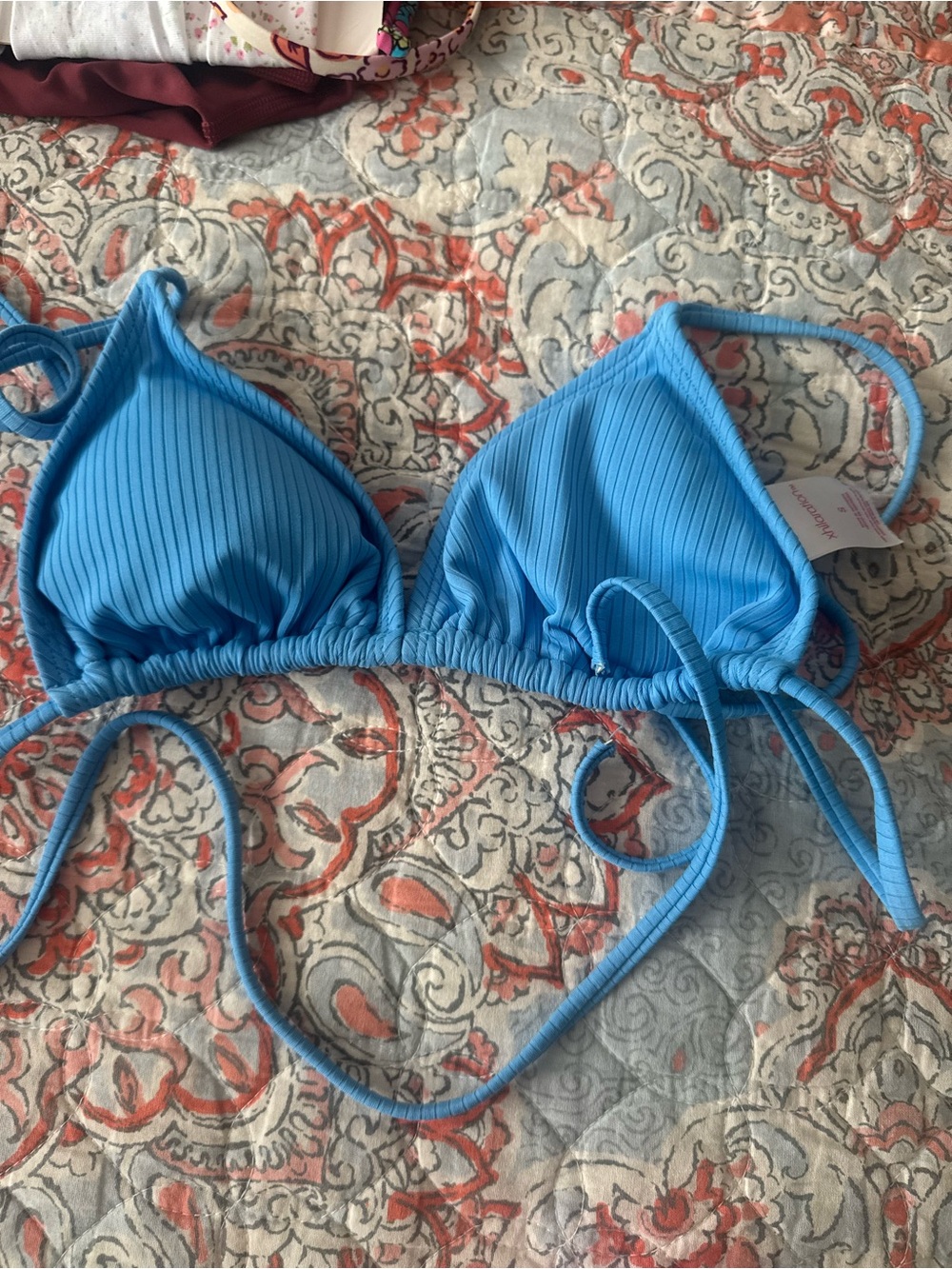 Bright Blue Ribbed Triangle Bikini Top
